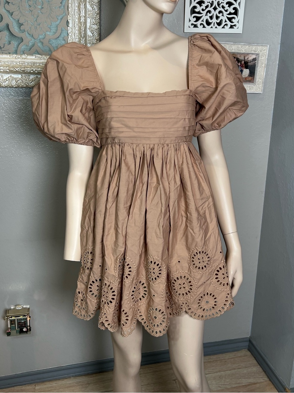 Abercrombie & Fitch Tan Puff Sleeve Eyelet Mini Babydoll Dress